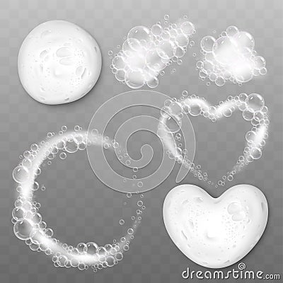Realistic shampoo foam, cleanser foaming white texture with soap bubbles. Liquid bath cream, foams wash splashes. Foamed Vector Illustration