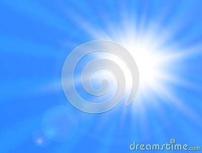 Realistic shining sun on blue background. Sun with lens flare. Vector illustration Vector Illustration