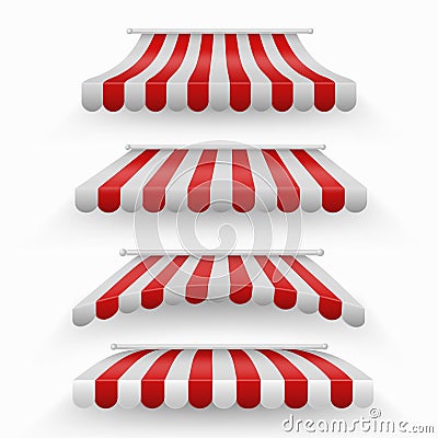 Realistic shopping red and white striped awnings Vector Illustration