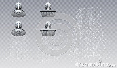 Realistic shower heads. Bathroom rain metal shower. Vector illustration creativity design elegant showers with water Vector Illustration