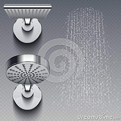 Realistic shower metal heads and trickles of water vector illustration isolated on transparent background Vector Illustration