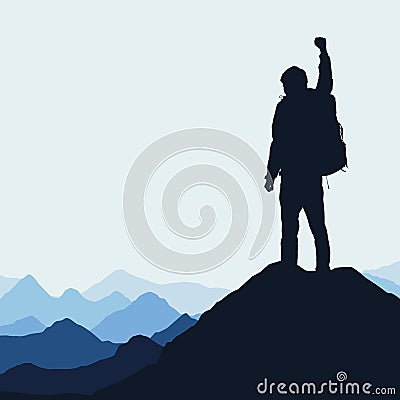 Realistic silhouette of a climber at the top of a rock Vector Illustration