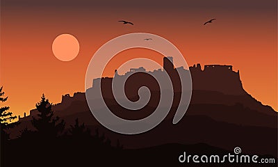 Realistic silhouette of the ruins of a medieval castle built on a hill beyond the forest under a dramatic sky with the moon, flyin Vector Illustration