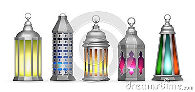 Realistic silver arab lamps. Colorful oriental lanterns, isolated islamic decorative lights vector set Vector Illustration