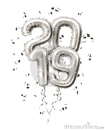 Realistic 2019 silver balloons confetti new year Vector Illustration