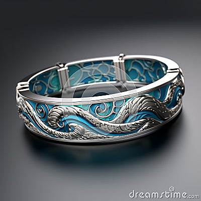 Realistic Silver Bangle With Blue And Silver Wave Pattern Stock Photo