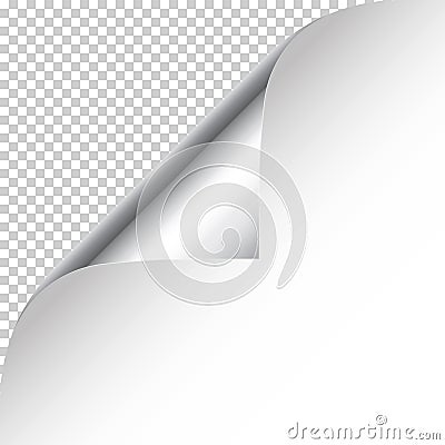 Realistic silver curled page corner with shadow on checkered background. Greeting card design element. Blank sheet of Vector Illustration