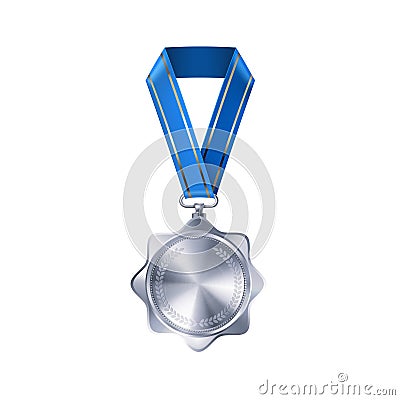 Realistic silver empty medal on blue ribbon. Sports competition awards for second place. Championship reward for victories and Vector Illustration