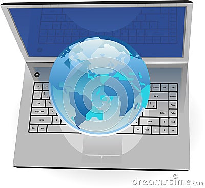 Realistic silver laptop and blue Globe Vector Illustration