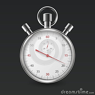 Realistic Silver Steel Classic Stopwatch Icon Closeup Isolated on Black Background. Stop-watch Design Template. Sport Vector Illustration