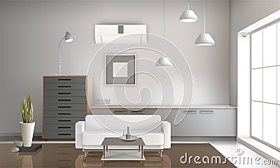 Realistic Sitting Room Interior 3D Design Vector Illustration