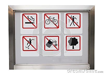 Realistic Six safty caution prohibit sign in the aluminium frame Stock Photo