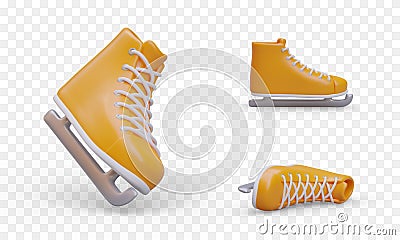 Realistic skates. Yellow sports shoes with metal blades. Accessory for skating Vector Illustration