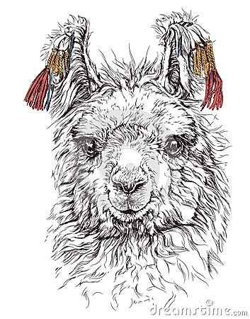 Realistic sketch of LAMA Alpaca, on white Vector Illustration