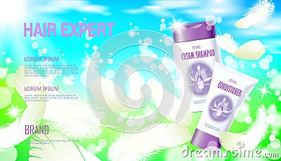 Realistic skin care cream spring landscape green grass blue sky Tube container cosmetic light background white feather Vector Illustration