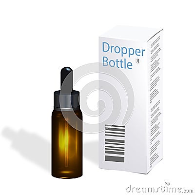 Realistic skin care packaging mockup. Brown bottle and dropper box template. Vector Illustration