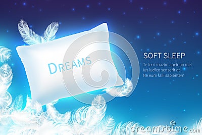 Realistic sleep concept. Soft sleep pillow with feathers, clouds and starry night sky mock up. Dream and rest 3D Vector Illustration