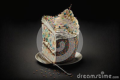 Realistic Slice Of Colorful Sprinkles Birthday Cake. 3D Stock Photo