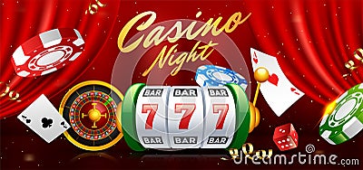 Realistic slot machine with roulette wheel, casino chips and playing cards illustration on red curtain background. Cartoon Illustration