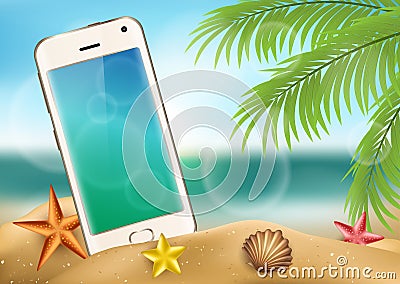 Realistic smartphone on beach, in the sand with shells and palm trees. Vector illustration Vector Illustration