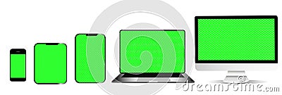 Realistic Smartphone, laptop, tablet and monoblock monitor with transparent and blank green screen for you design. Device screen Stock Photo