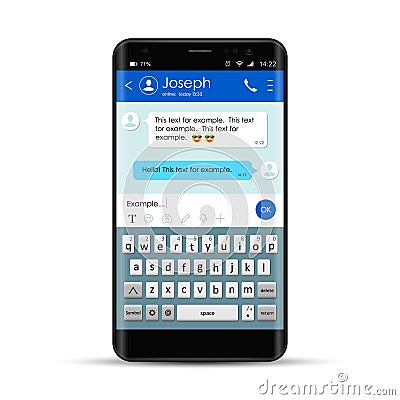Realistic Smartphone With Messenger Chat App Template With Mobile Keyboard. Chating And Messaging, Social Network Concept. Vector Illustration