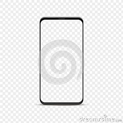 Realistic smartphone mockup. Blank phone with transparent screen and background, black telephone frame, advertising on Vector Illustration