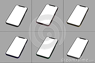 Realistic smartphone mockup. Cellphone frame with blank display, different angles and colors views. 3D Stock Photo