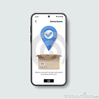 Realistic smartphone mockup with map pin, check symbol and open cardboard box on screen for application design. 3D Vector Illustration