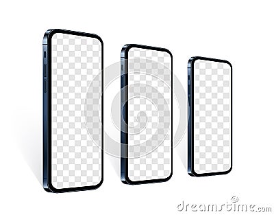 Realistic smartphones in row in perspective view with transparent screen. Blue mobile phone mockup set for presentate Vector Illustration