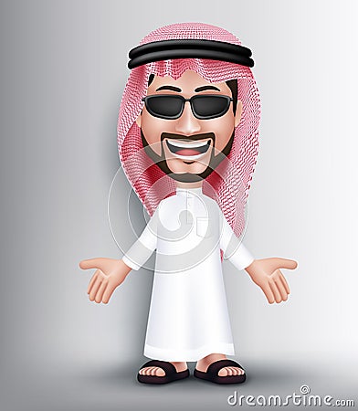 Realistic Smiling Handsome Saudi Arab Man Character Vector Illustration