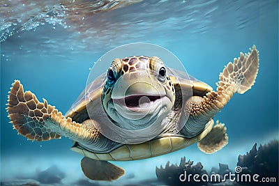 Realistic smiling sea turtle swimming in blue water with sun rays close-up. Stock Photo