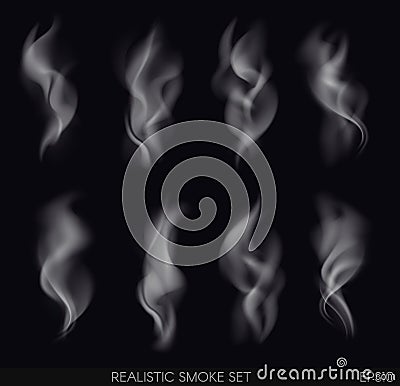 Realistic smoke set on dark background Vector Illustration