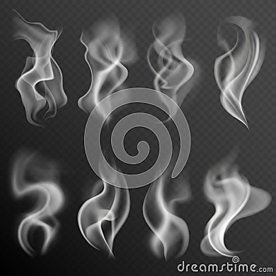 Realistic smoke. White food steam hookah hot tea coffee smoke texture isolated on black background set Vector Illustration