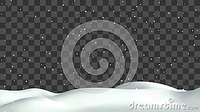 Realistic snow hills landscape. Vector snowdrift with falling snowflakes illustration. Winter background. Vector Illustration
