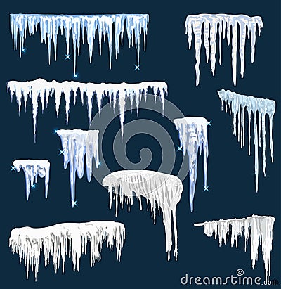 Realistic snow icicles. Icicle ice with snowcap on top. Winter snowing borders for christmas cards design. Frost neve Vector Illustration