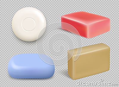 Realistic soap. Bathing hygienic items for self cleaning hand washing tools decent vector soap colored set Vector Illustration