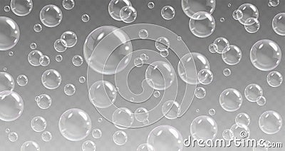 Realistic soap bubbles, flying bubble transparent. 3d detergent soapy elements with reflection. Clean and wash, water Vector Illustration