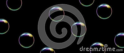 Realistic soap bubbles with rainbow reflection on black background. Vector water foam bubbles. Colorful iridescent glass sphere. Vector Illustration