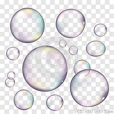 Realistic soap bubbles set isolated on transparent background Vector Illustration