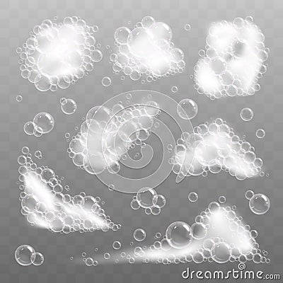 Realistic soap foam, foaming liquid texture. Shampoo lather, foams bath bubbles. 3d washing or cleaning suds, soft wash Vector Illustration