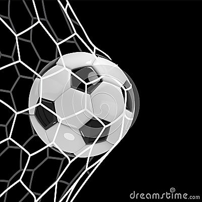 Realistic soccer ball or football ball in net on black background. 3d Style vector Ball. Vector Illustration