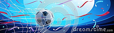 Realistic soccer ball hitting the net. Football championship. Vector Vector Illustration