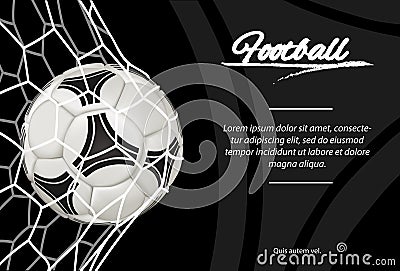 Realistic soccer ball in net on black background. Vector Illustration