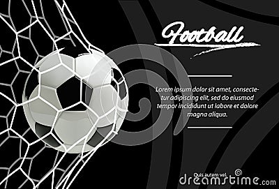 Realistic soccer ball in net on black background. Classic football ball. Vector Illustration