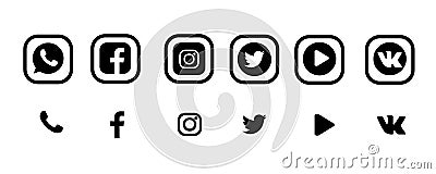 Realistic social media logotype collection Facebook, instagram, twitter, youtube, whatsap, vkontakte. Social media icons Editorial Stock Photo