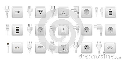 Realistic socket and plug. AC power connector, American and European types of electric equipment. Vector multiple Vector Illustration