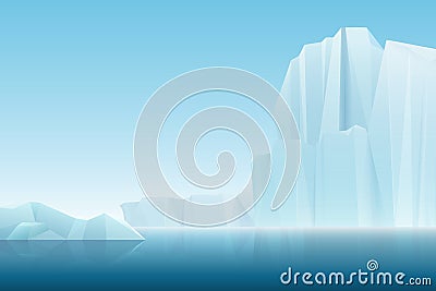 Realistic soft fog arctic iceberg ice mountains with blue sea, winter landscape. Vector nature cartoon background Vector Illustration