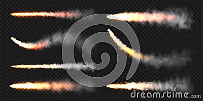 Realistic space rocket launch trails. Fire burst, explosion. Missile or bullet trail. Jet aircraft tracks. Smoke clouds Vector Illustration