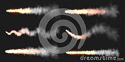 Realistic space rocket launch trails. Fire burst, explosion. Missile or bullet trail. Jet aircraft tracks. Smoke clouds Vector Illustration